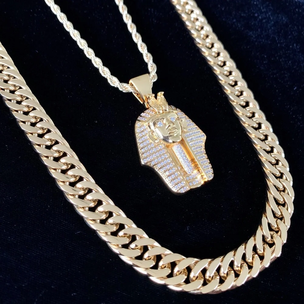 DE ROSSI PHARAOH PENDANT 18K GOLD CHAIN NECKLACE LAB DIAMONDS MADE IN ITALY